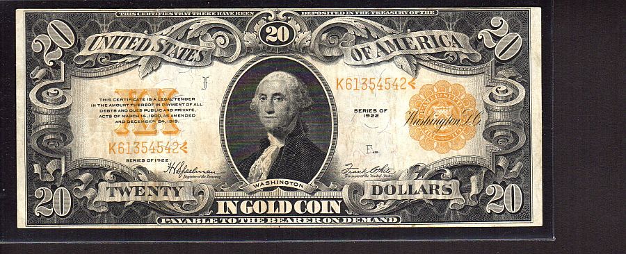 Fr.1187, 1922 $20 Gold Certificate, K61354542, Very Fine [30]
